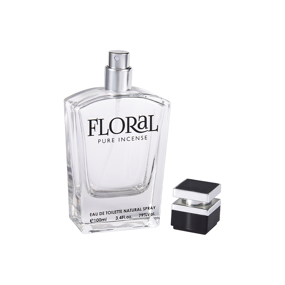 KY10-WJ2045 50ML Clear Glass Perfume Bottle With Printed Black Cap And UV Silver Part