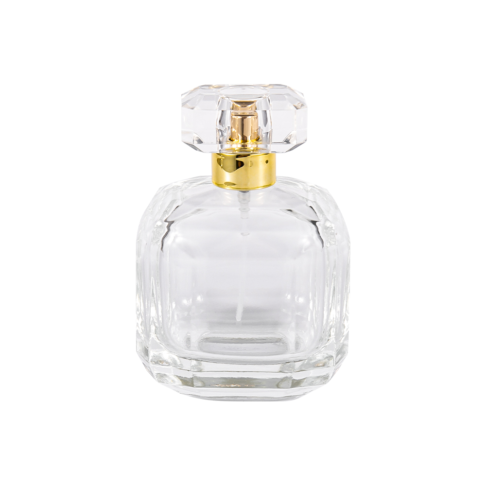 GC3898-WJ2005 100ML Clear Glass Perfume Bottle With Surlyn Acrylic Cap And Shiny Gold Neck