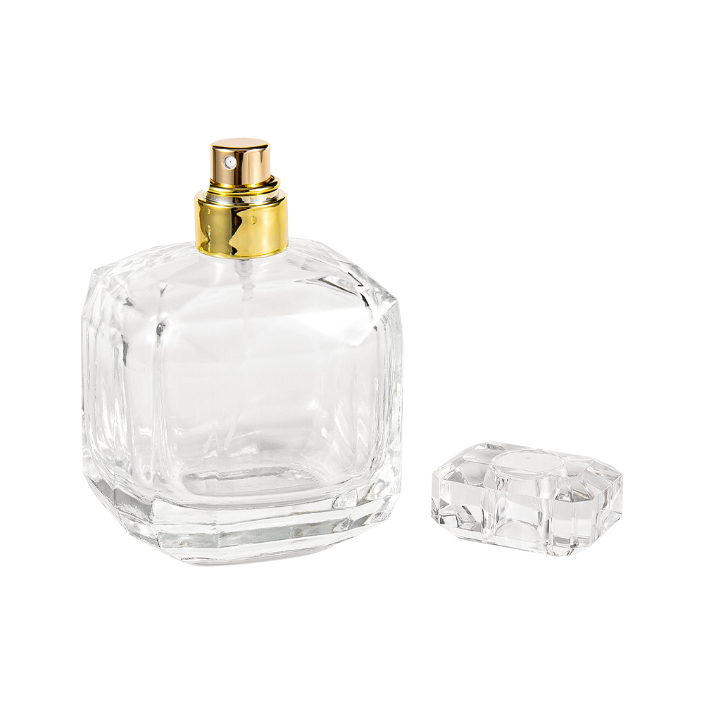 GC3898-WJ2005 100ML Clear Glass Perfume Bottle With Surlyn Acrylic Cap And Shiny Gold Neck