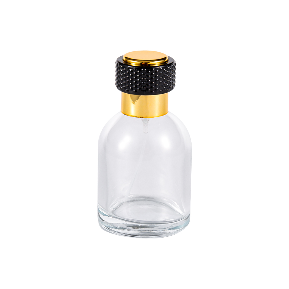GC3986-WJ816 50ML Clear Glass Perfume Bottle With Uv Gold Plastic Cap And Black Part