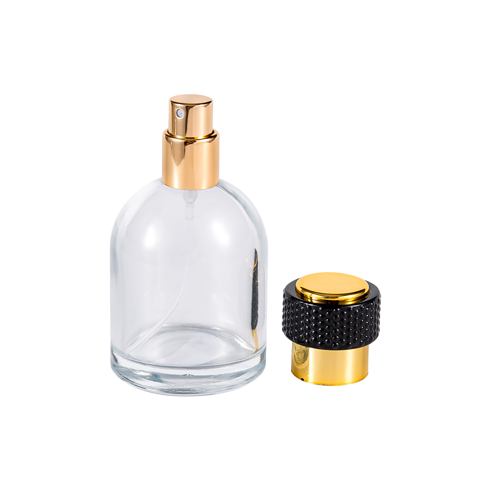 GC3986-WJ816 50ML Clear Glass Perfume Bottle With Uv Gold Plastic Cap And Black Part