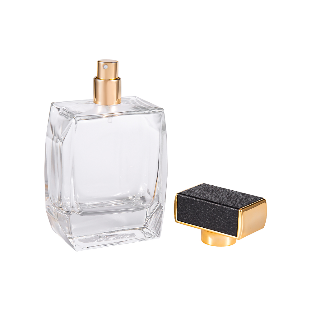 KY1092-WJ2092 100ML Clear Glass Perfume Bottle With Leather Plastic Cover And UV Gold Plated Parts