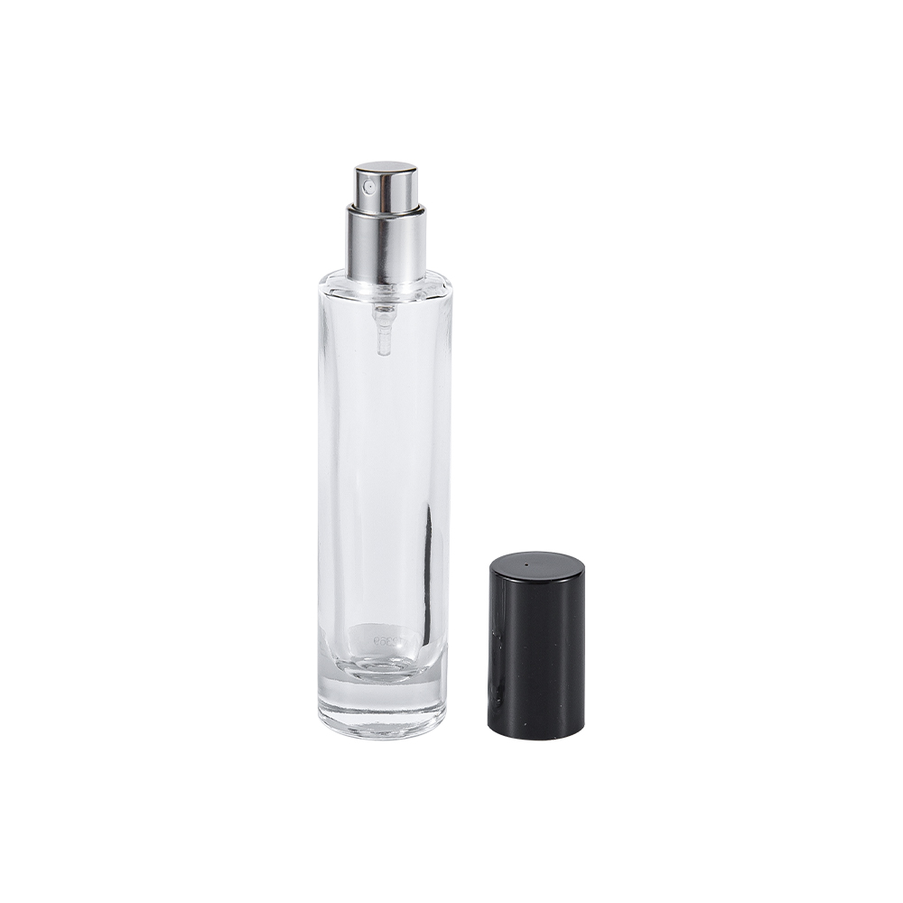 GC4423-WJ2369 30ML Clear Glass Perfume Bottle With Glossy Black PP Cylindrical Cap
