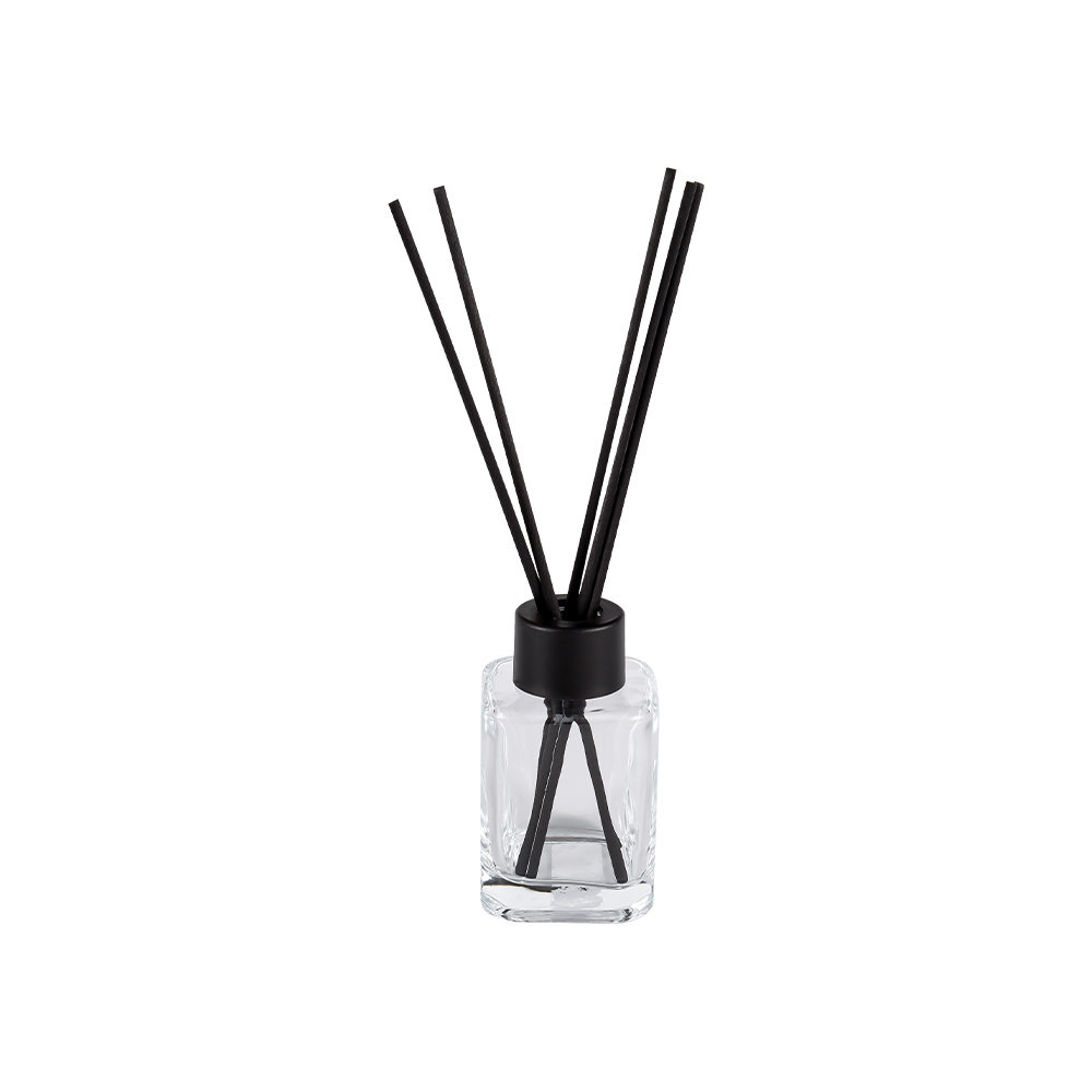 HJ-RX2248 Square Diffuser Bottle with Screw Neck Plastic Cap and Matte Black Fiber Sticker