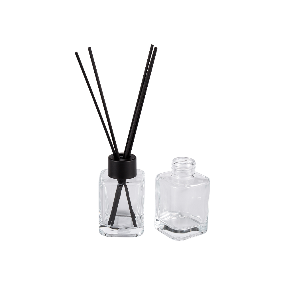 HJ-RX2248 Square Diffuser Bottle with Screw Neck Plastic Cap and Matte Black Fiber Sticker