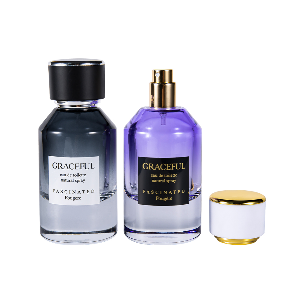 GC4416-WJ2098 50ML Coated Printed Glass Perfume Bottle with Leather, ABS Plastic Cap, UV-Proof PP Lining