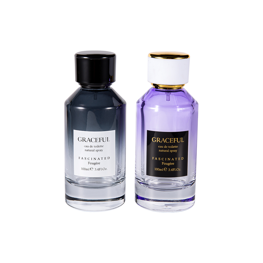 GC4418-WJ2098 100ML Color Coated Printed Glass Perfume Bottle with Leather ABS Plastic Cap and UV PP Liner