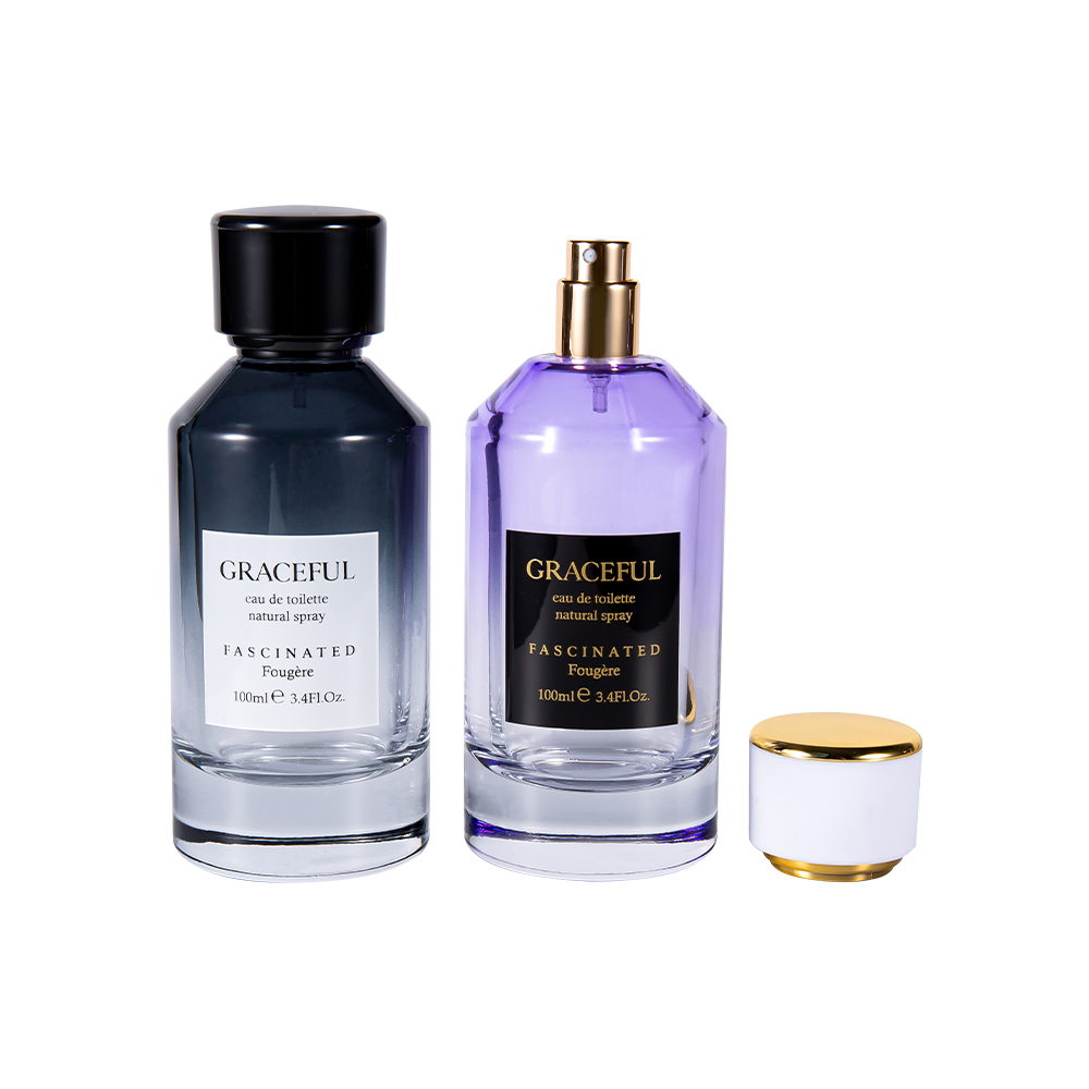 GC4418-WJ2098 100ML Color Coated Printed Glass Perfume Bottle with Leather ABS Plastic Cap and UV PP Liner