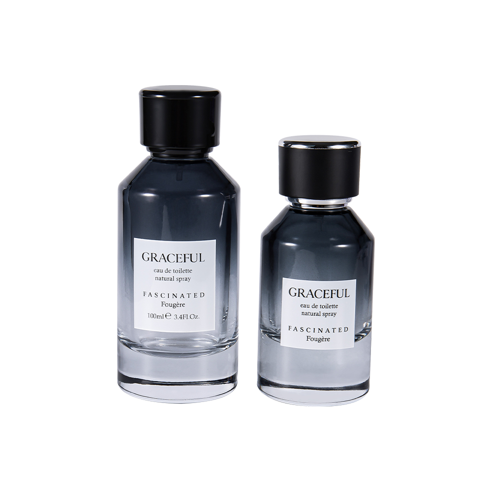 GC4418-WJ2098 100ML Color Coated Printed Glass Perfume Bottle with Leather ABS Plastic Cap and UV PP Liner
