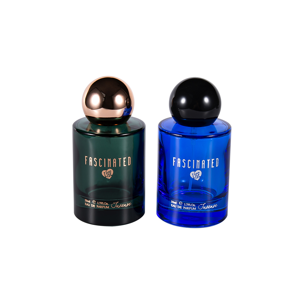 GC4749-WJ2537 50ML Cylindrical Coated Gold Foil Glass Perfume Bottle With Spherical ABS PP Plastic Cap