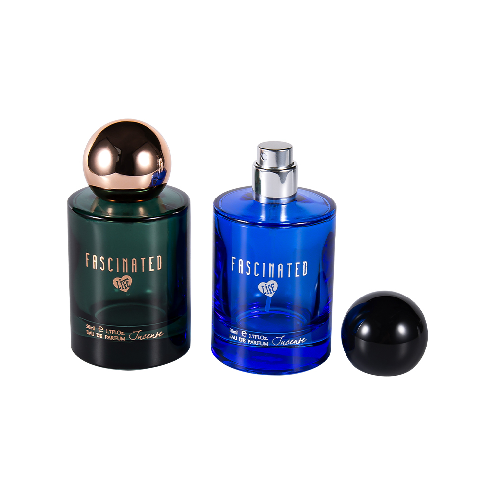 GC4749-WJ2537 50ML Cylindrical Coated Gold Foil Glass Perfume Bottle With Spherical ABS PP Plastic Cap