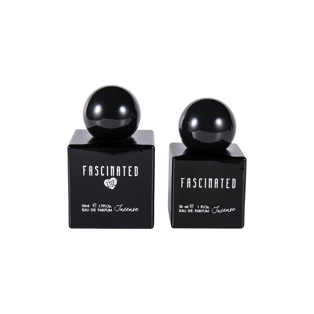 KY150-WJ2537 30ML Cube Color Printed Glass Perfume Bottle with Spherical UV Plastic Cap
