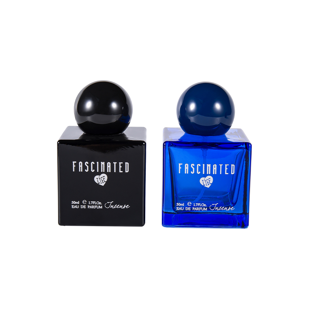 KY145-WJ2537 50ML Cube Color Printed Glass Perfume Bottle with Spherical UV Plastic Cap