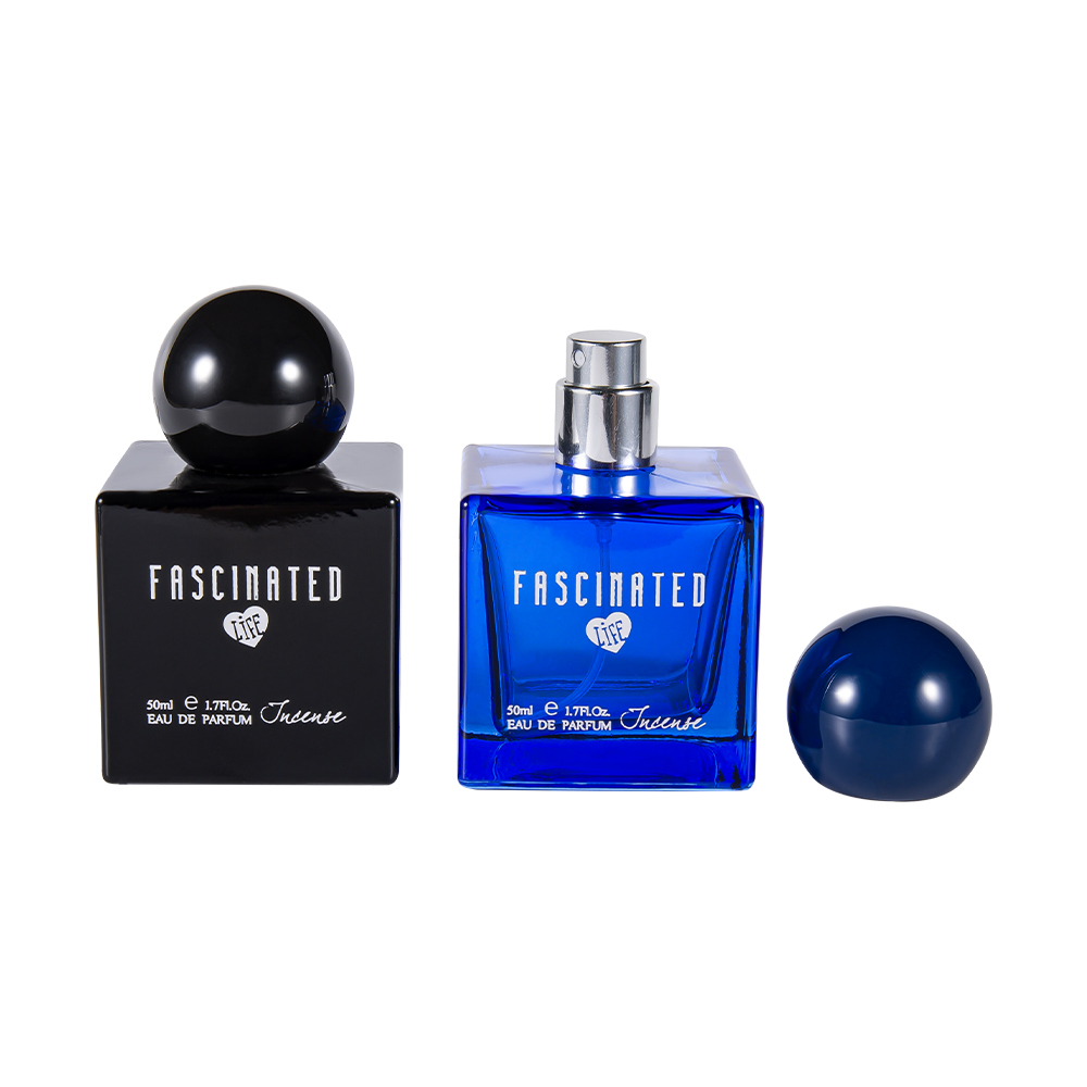KY145-WJ2537 50ML Cube Color Printed Glass Perfume Bottle with Spherical UV Plastic Cap