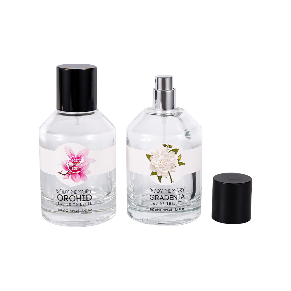 KY1603-WJ2388 100ML Printed Sticker Glass Perfume Bottle With Cylindrical Shiny Matte Black PP Cap