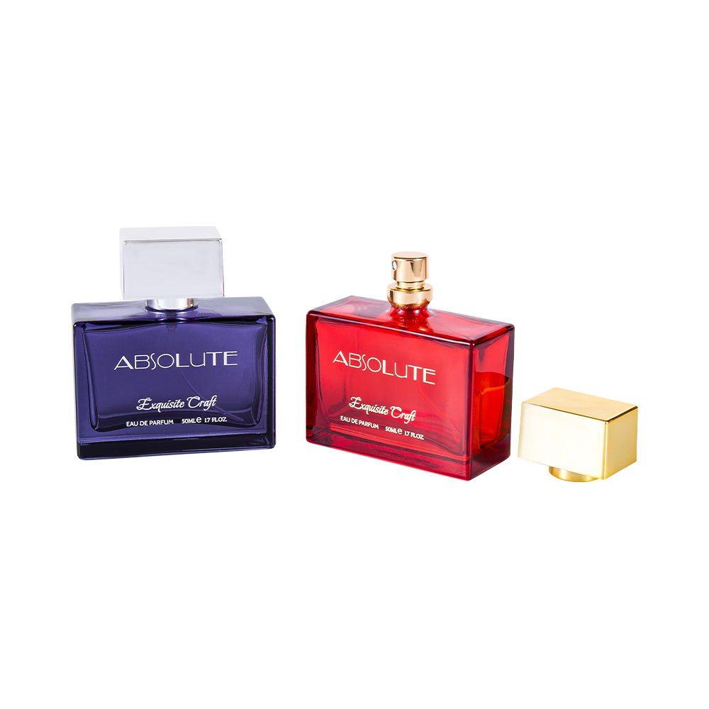 KY108-2126# 50ML Rectangular Color Printed Perfume Bottle With UV Silver And Gold PP Perfume Cap