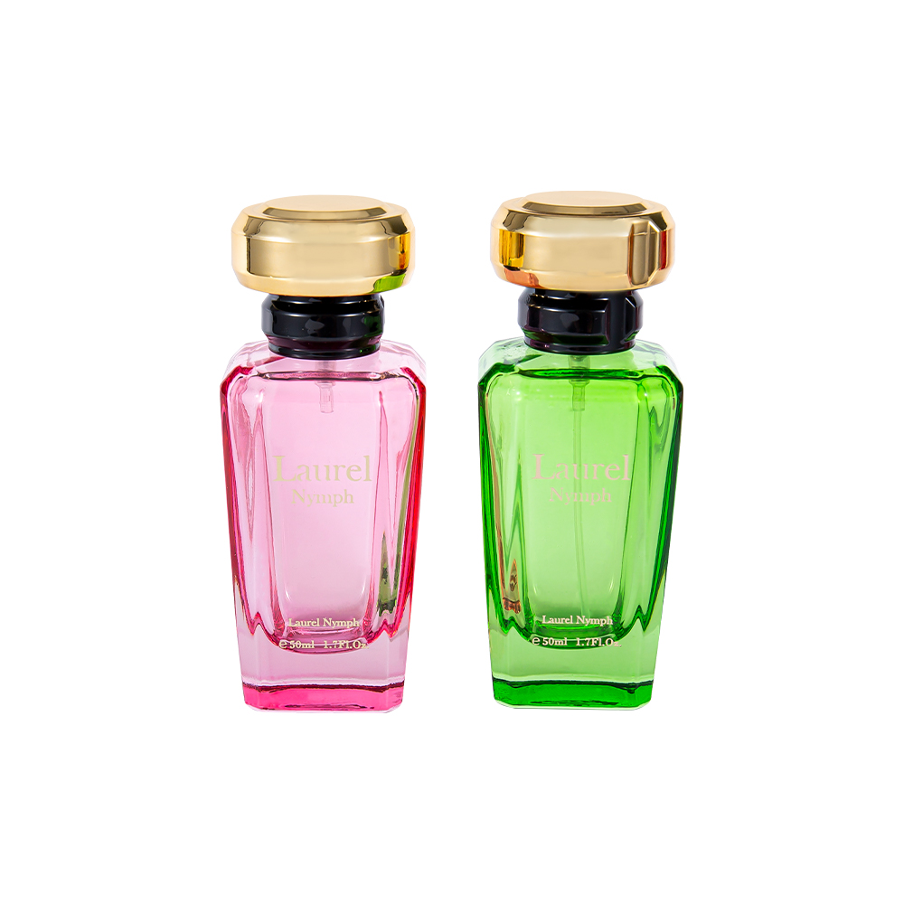 GC4354-WJ2432 50ML UV Coated Pink Green Perfume Bottle With Shiny Gold Plastic Cap