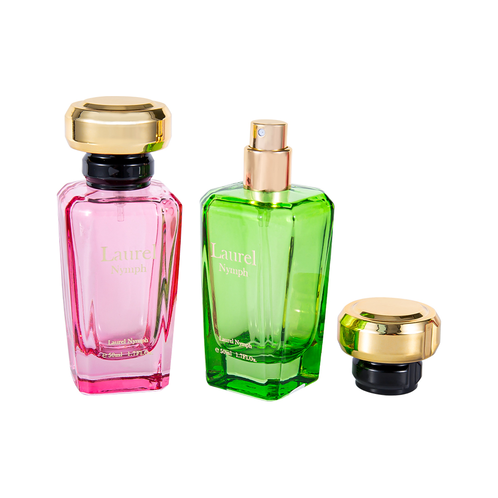 GC4354-WJ2432 50ML UV Coated Pink Green Perfume Bottle With Shiny Gold Plastic Cap