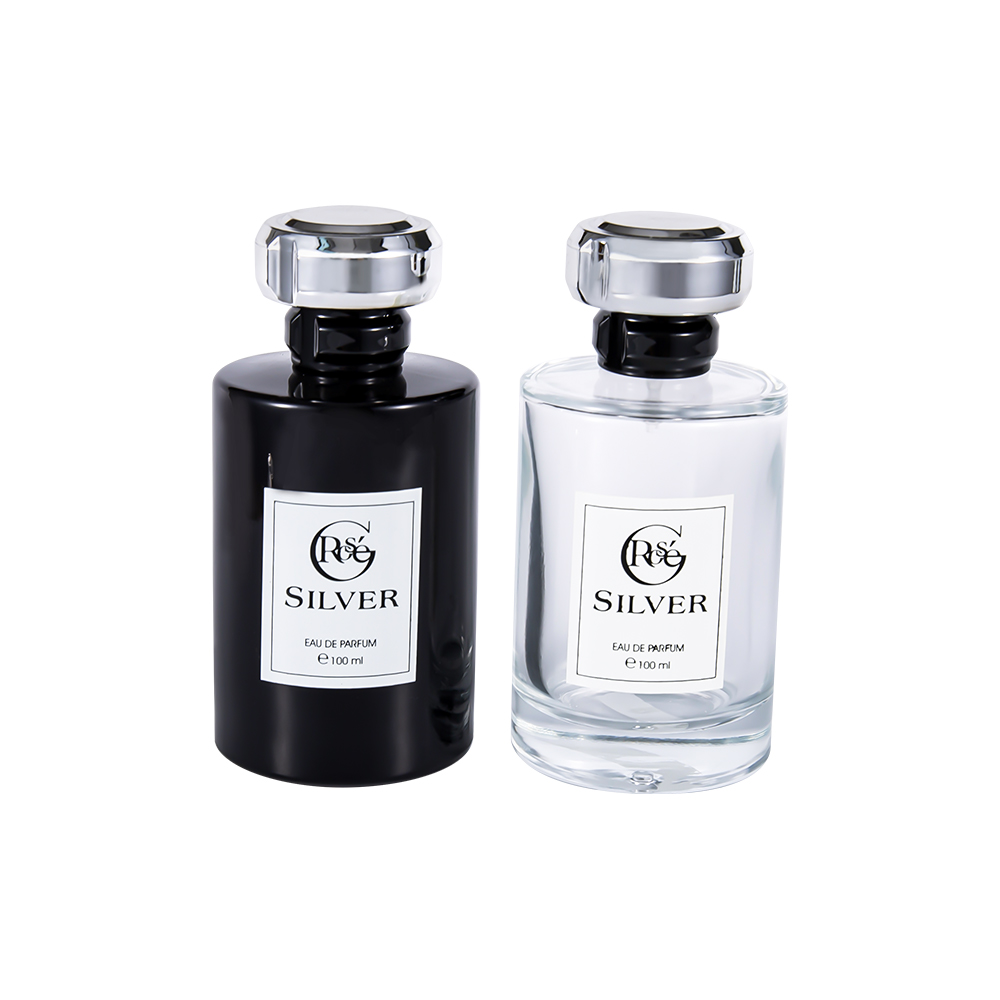 KY1601-WJ2432 100ML Glossy Black Coated Glass Perfume Bottle With Uv Silver Plastic Perfume Cap
