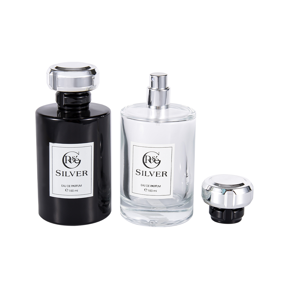 KY1601-WJ2432 100ML Glossy Black Coated Glass Perfume Bottle With Uv Silver Plastic Perfume Cap